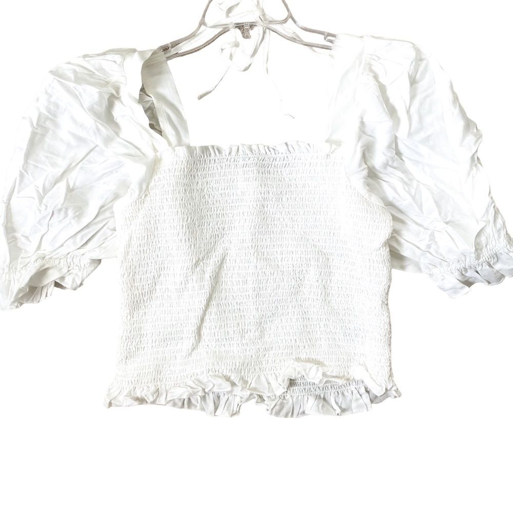 H&M White Puff Sleeve Peasant Blouse Smocked Bodice Cottagecore Top Size M
